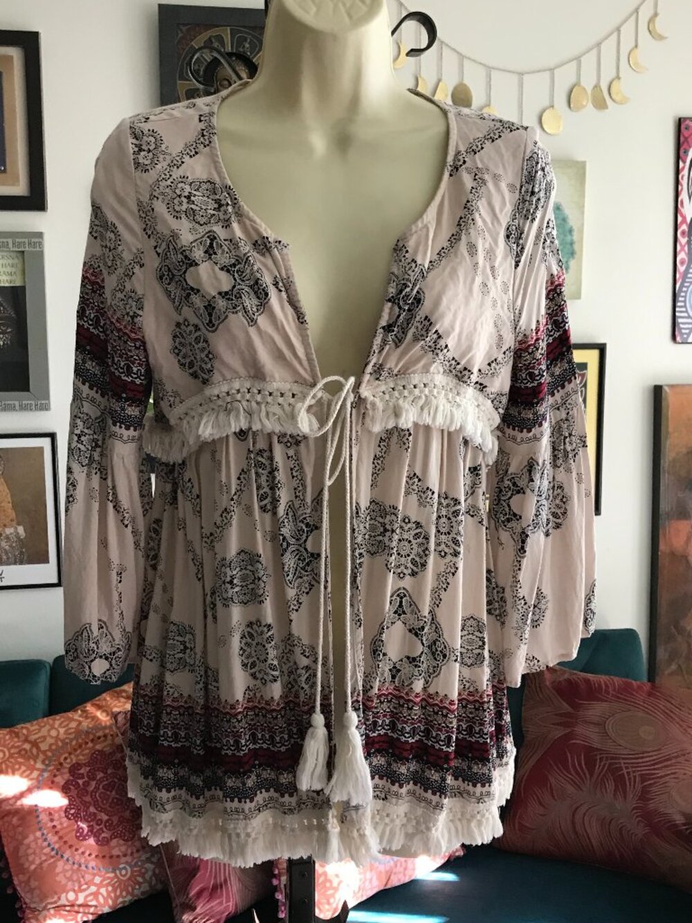 ENTRO size S Fringe Tasseled Beige Mandala Print Boho Tie Front Peasant Kimono